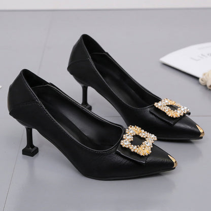 New Pointed Shallow Mouth Single Shoes Women Fashion Rhinestone Stiletto Grandma Shoes