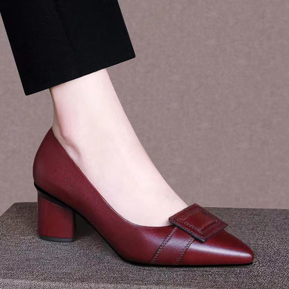 Genuine Leather Thick Heel Single Shoes Women Mid-heel Pointed Toe Women's Shoes Pumps Double Brown