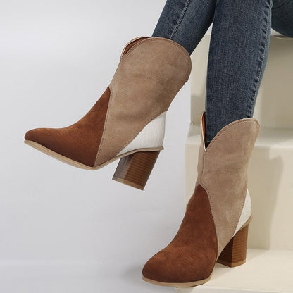 Fashion Splicing Suede Boots Retro Pointed-toe Square High Heel Mid-calf Boots For Women Fall And Winter Shoes